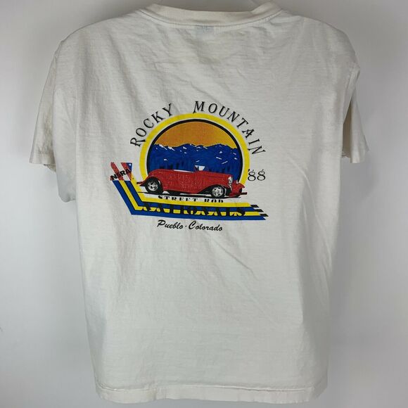 Vintage 80s  Rocky Mountain Street Rod Nationals T Shirt Mens XL X-Large White - Picture 3 of 9